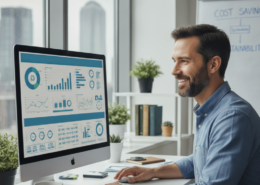 Uomo al computer con grafici aziendali.