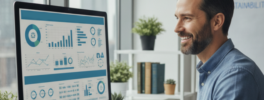 Uomo al computer con grafici aziendali.